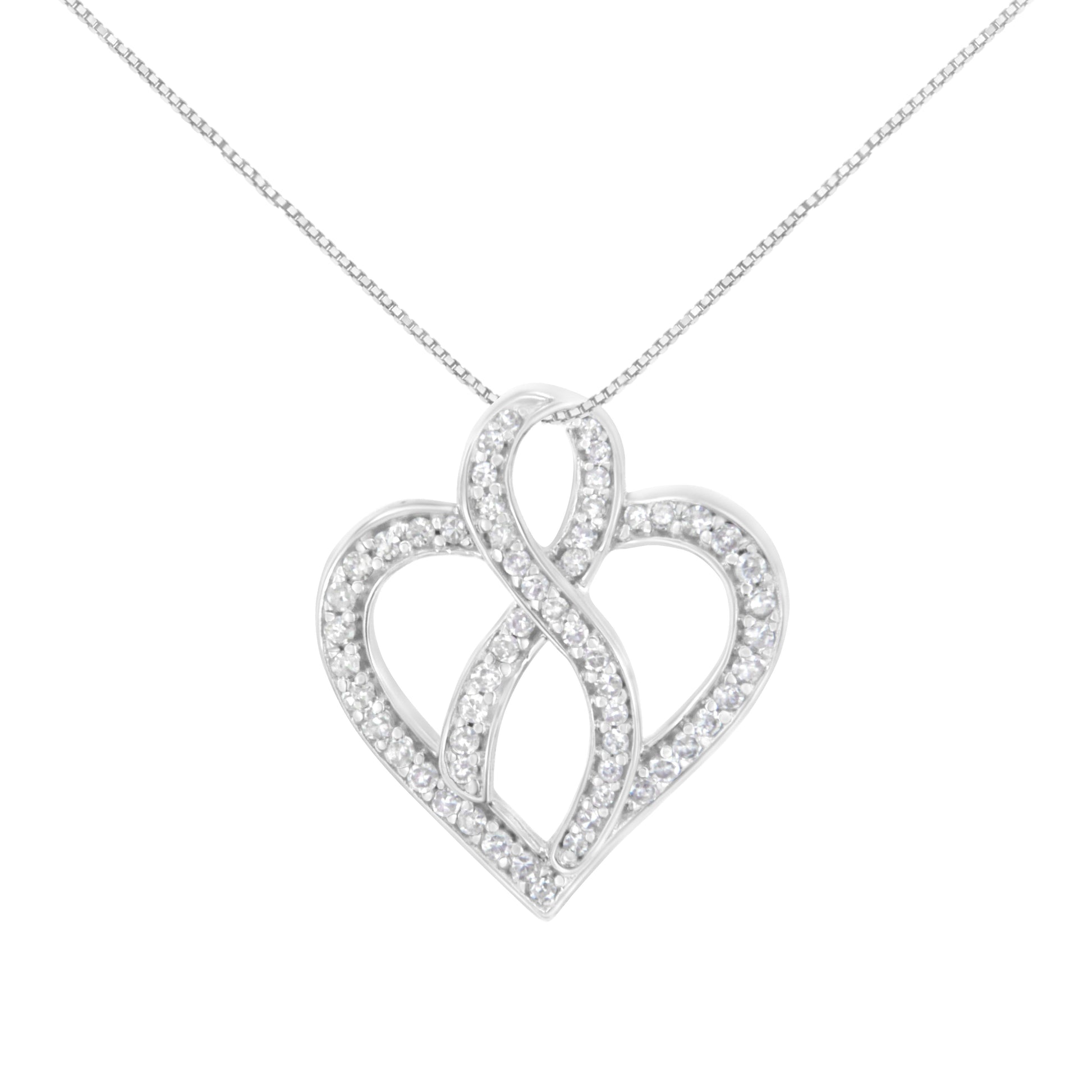 14K White Gold 1/4 cttw Round Cut Diamond Heart and Ribbon Center Pendant Necklace (H-I, I1-I2) Bids.com