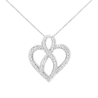 14K White Gold 1/4 cttw Round Cut Diamond Heart and Ribbon Center Pendant Necklace (H-I, I1-I2) Bids.com