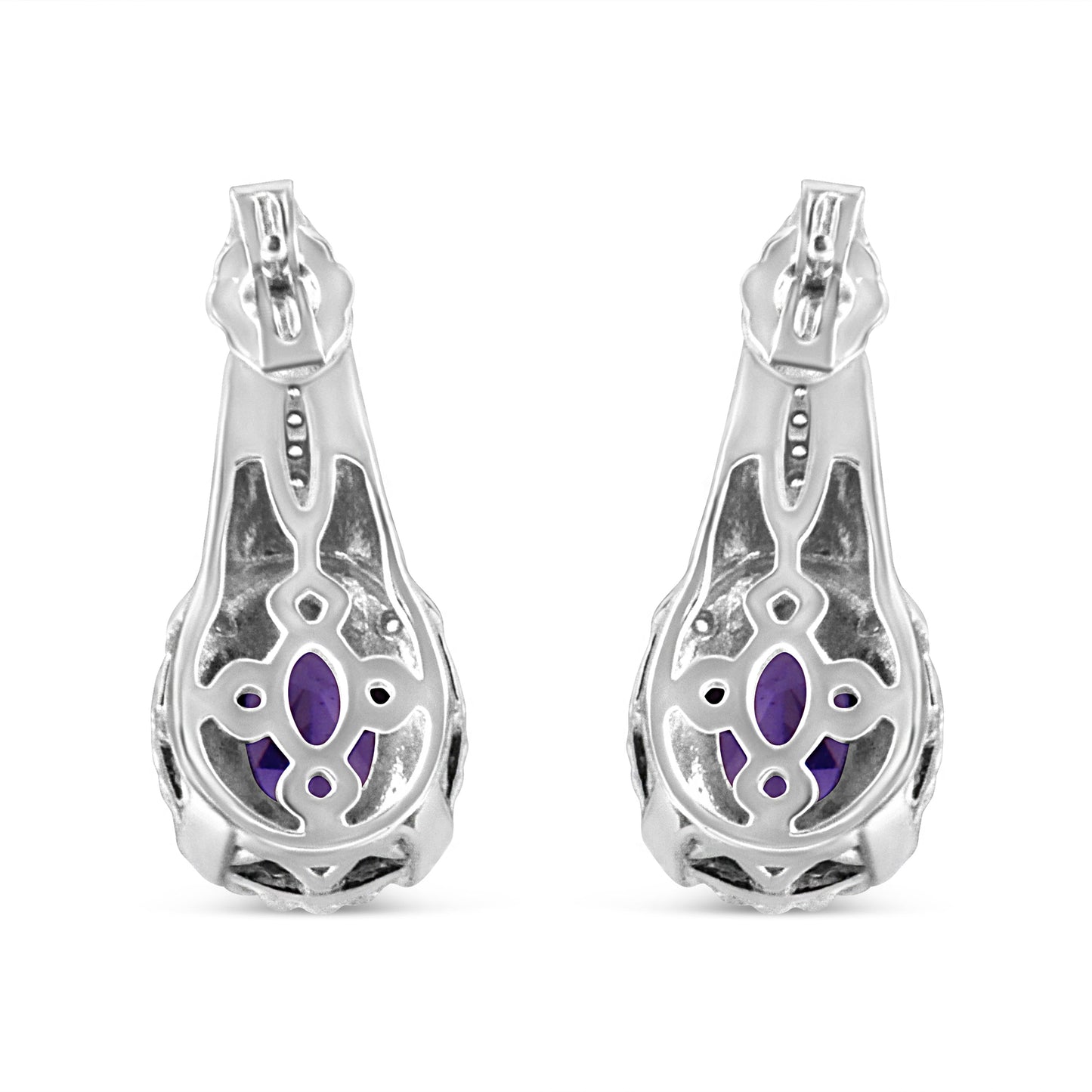 .925 Sterling Silver 8x6 MM Natural Oval Purple Amethyst Gemstone and Diamond Accent Art Deco Style Drop and Dangle Earrings (I-J Color, I1-I2 Clarity) Bids.com