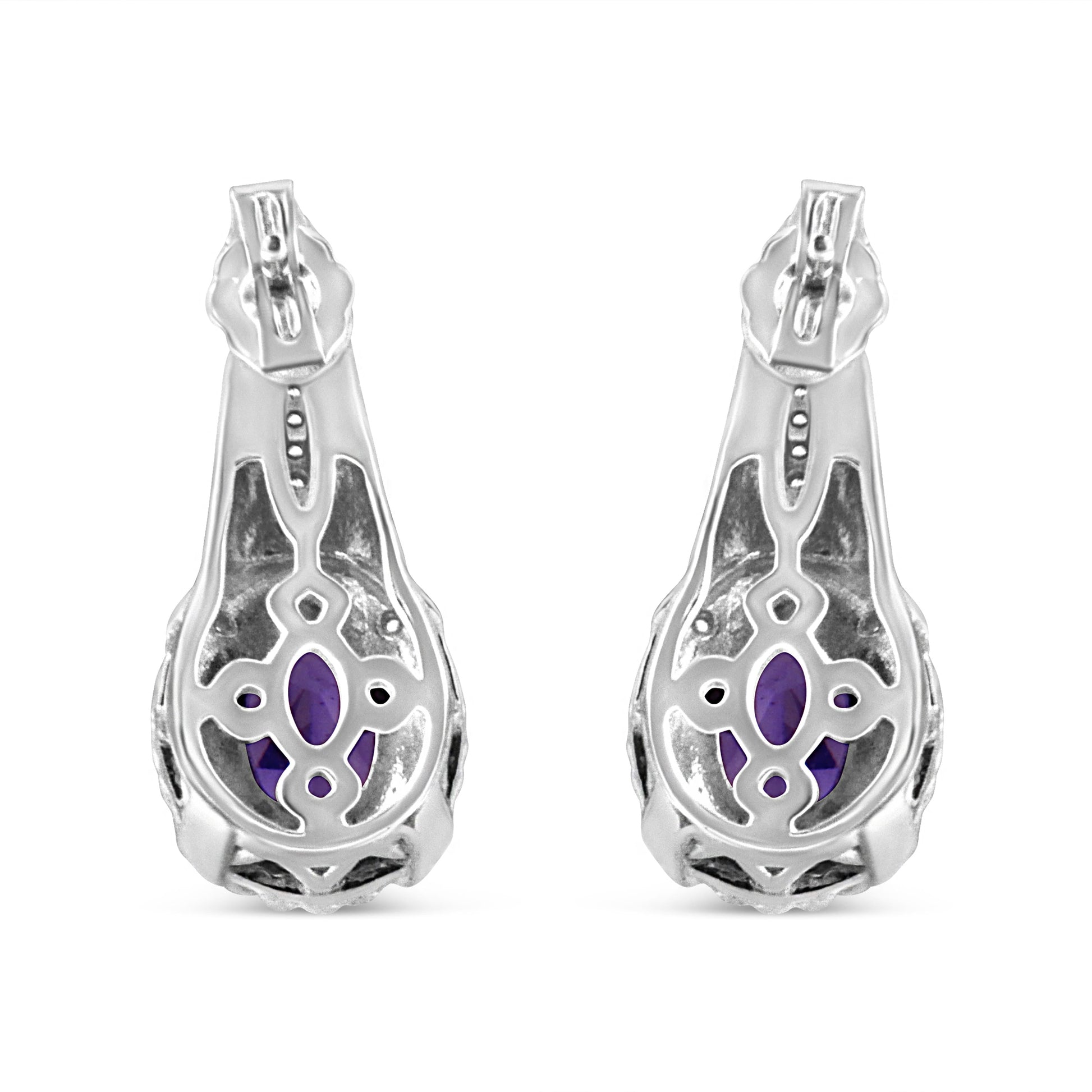 .925 Sterling Silver 8x6 MM Natural Oval Purple Amethyst Gemstone and Diamond Accent Art Deco Style Drop and Dangle Earrings (I-J Color, I1-I2 Clarity) Bids.com