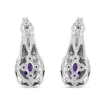.925 Sterling Silver 8x6 MM Natural Oval Purple Amethyst Gemstone and Diamond Accent Art Deco Style Drop and Dangle Earrings (I-J Color, I1-I2 Clarity) Bids.com