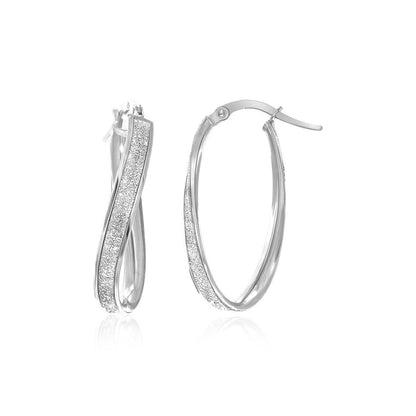 14k White Gold Oval Hoop Twist Glittery Earrings Bids.com