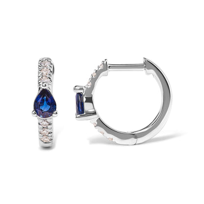 10K White Gold Pear Shaped Blue Sapphire and 1/10 Cttw Diamond Huggy Hoop Earrings (H-I Color, I1-I2 Clarity) Bids.com