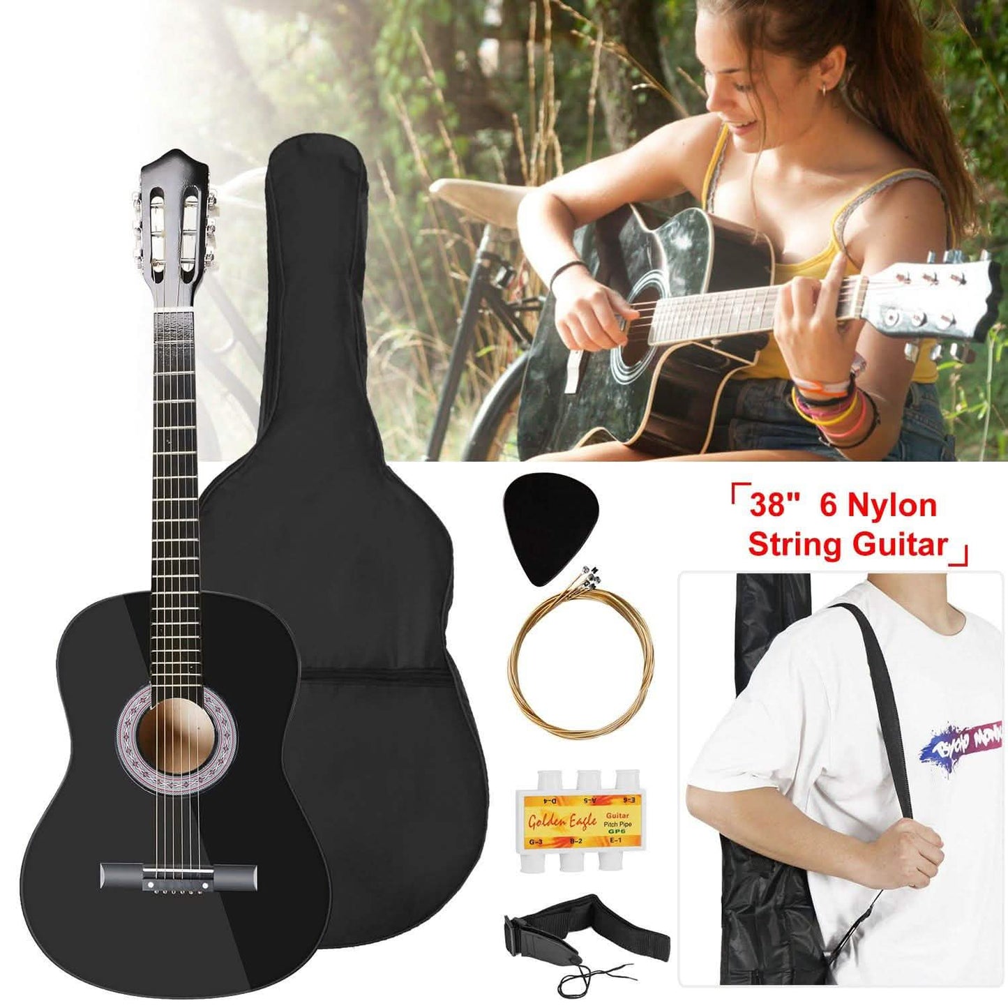 38" Acoustic Beginners Guitar with Guitar Bag Strap Tuner Extra String DailySale