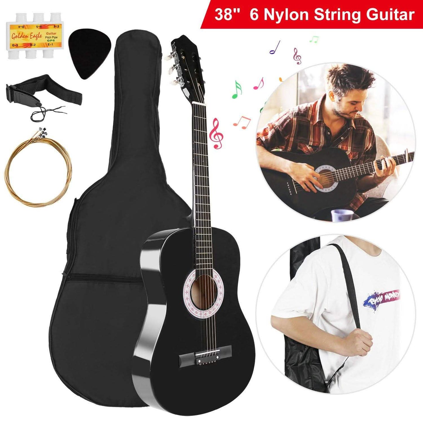 38" Acoustic Beginners Guitar with Guitar Bag Strap Tuner Extra String DailySale