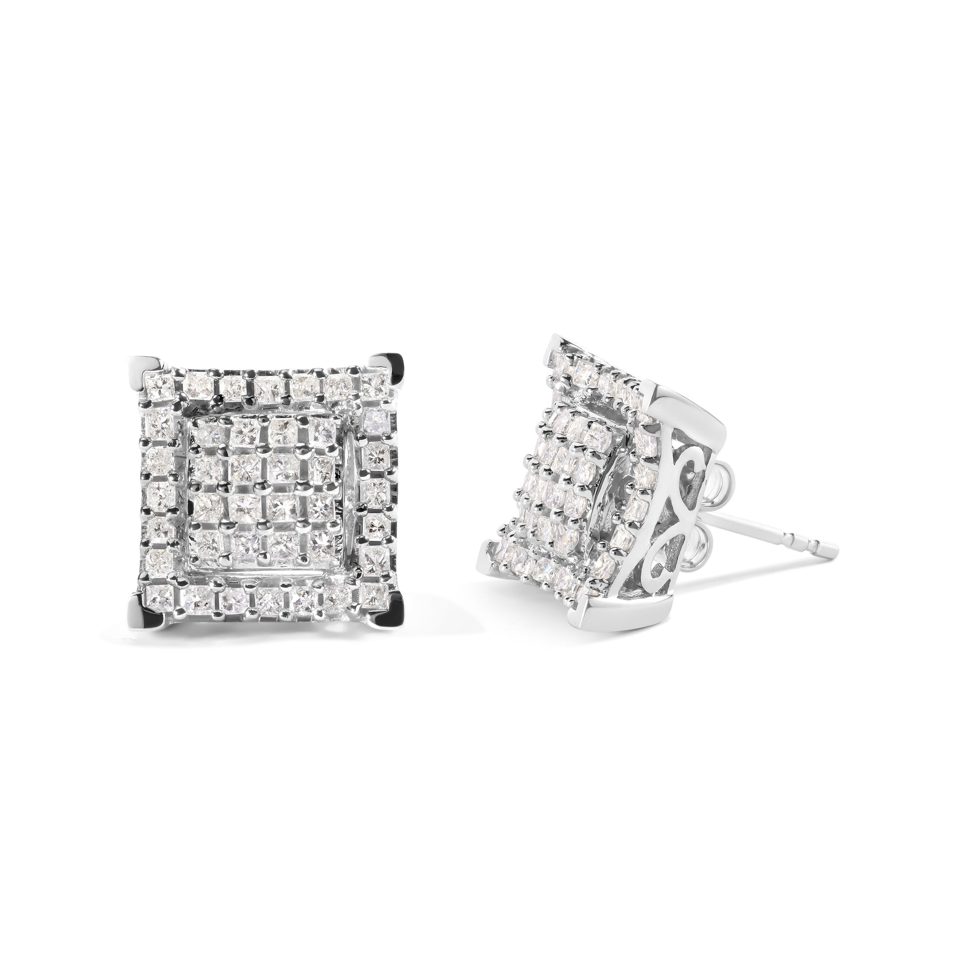 10K White Gold 1 1/4 Cttw Princess Diamond Composite Double Square and Halo Stud Earrings (I-J Color, I1-I2 Clarity) Bids.com