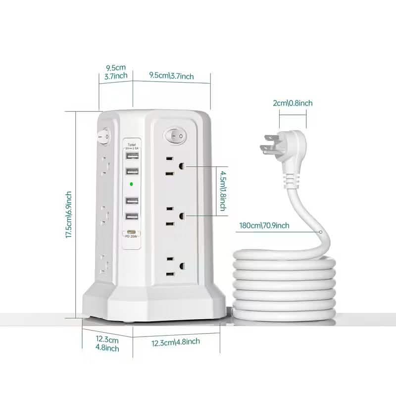 Surge Protector Tower 1800J with 4 USB A Ports, USB C (PD18W) Port, 12 AC Outlets and 10FT Cord DailySale