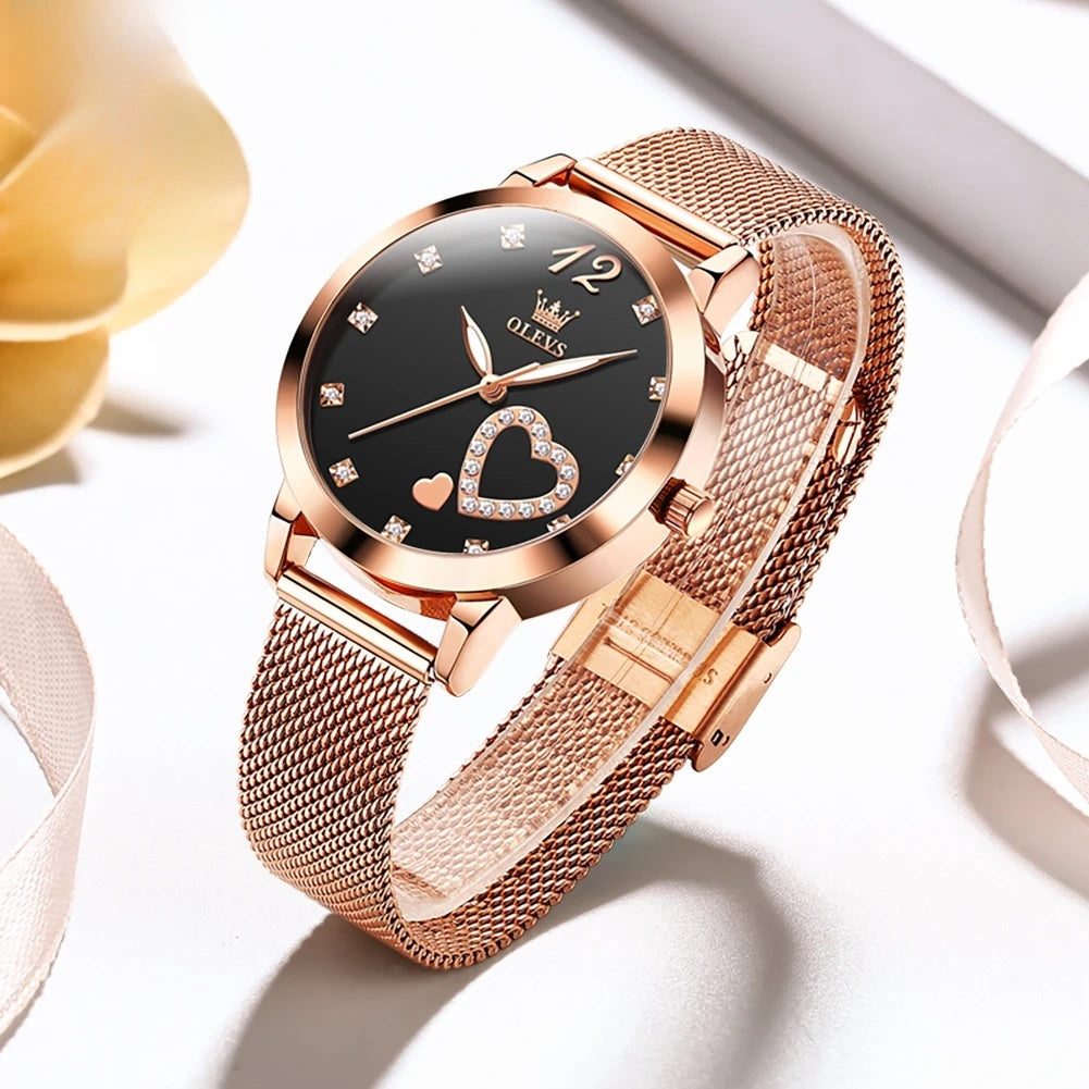 Rose Gold Mesh Women's Watch Heart Crystal Dial Quartz BandsCo Straps