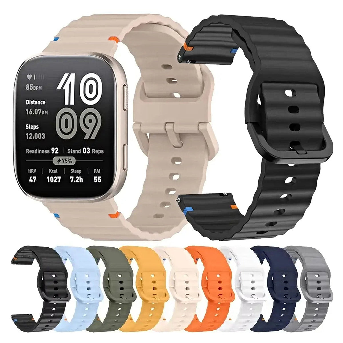 Amazfit Balance, GTR, GTS & Bip Ribbed Silicone Band, Matching Buckle BandsCo Straps