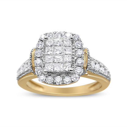 14K Yellow and White Gold 1.00 Cttw Princess and Round Cut Emerald Shaped Halo Diamond Cluster Ring (SI1-SI2 Clarity, H-I Color) - Size 7 Bids.com