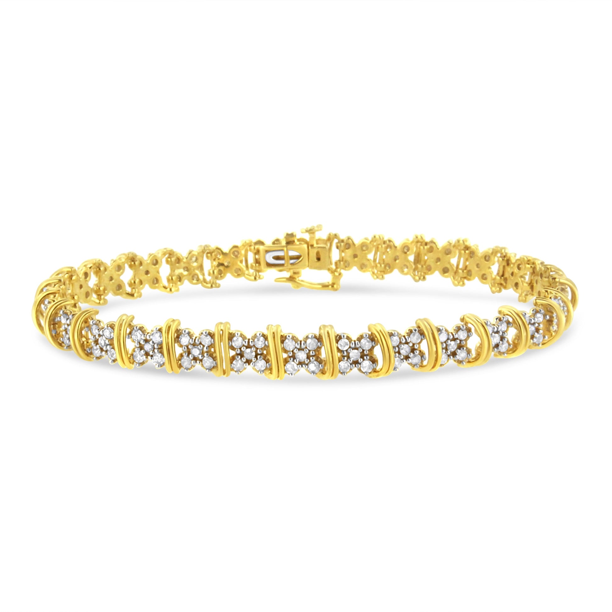 10K Yellow Gold Plated .925 Sterling Silver 2.0 Cttw Round Diamond Cluster "X" Shaped Link Bracelet (H-I Color, I3 Clarity) - 7" Bids.com