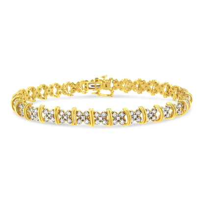 10K Yellow Gold Plated .925 Sterling Silver 2.0 Cttw Round Diamond Cluster "X" Shaped Link Bracelet (H-I Color, I3 Clarity) - 7" Bids.com