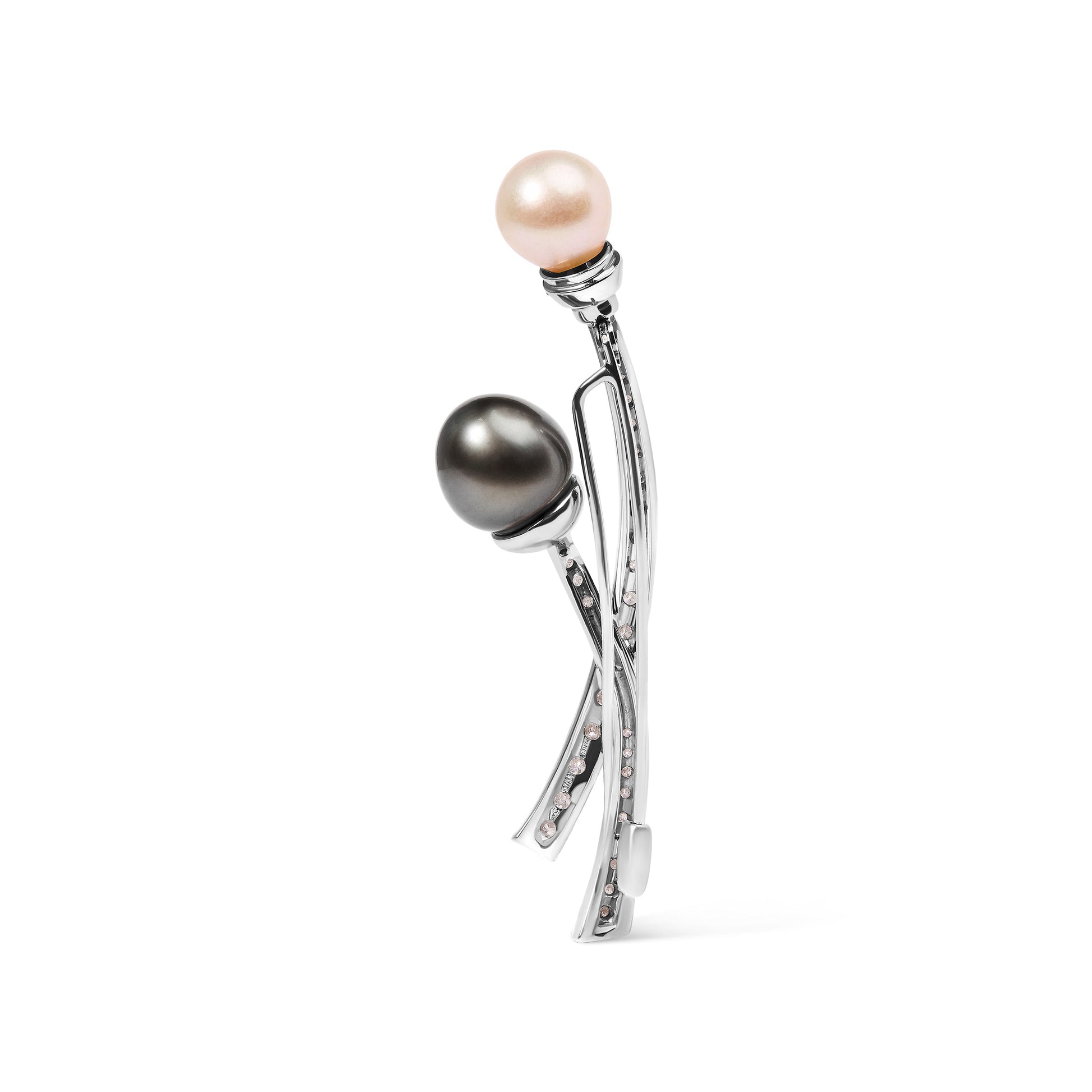 18K White Gold 3/5 Cttw Diamond and Cultured South Sea Black and White Pearl Brooch Pin (H-I Color, VS1-VS2 Clarity) Bids.com