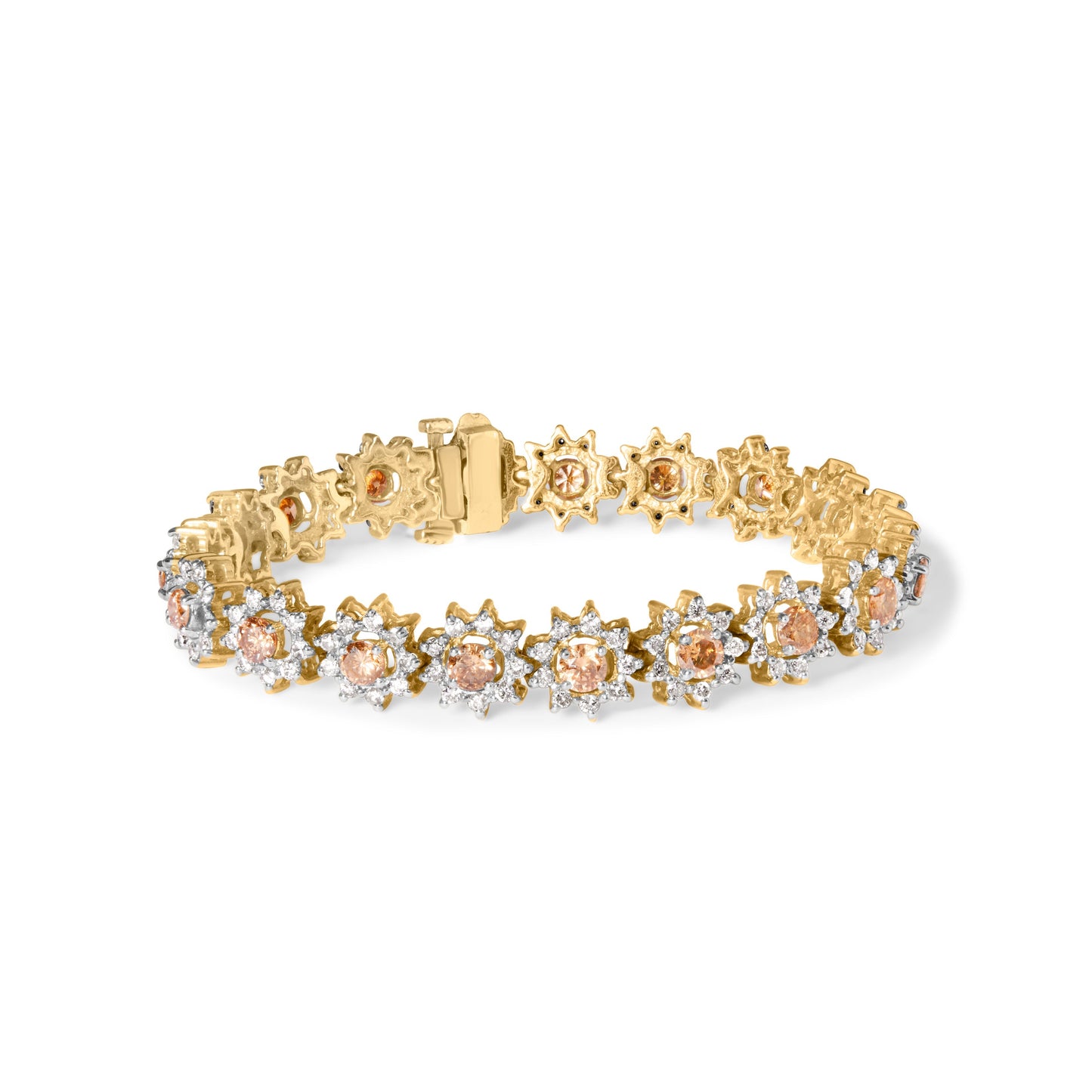 14K Yellow Gold 8.00 Cttw Champagne Diamond Floral Cluster Halo Link Bracelet (H-I Color, I1-I2 Clarity) Bids.com