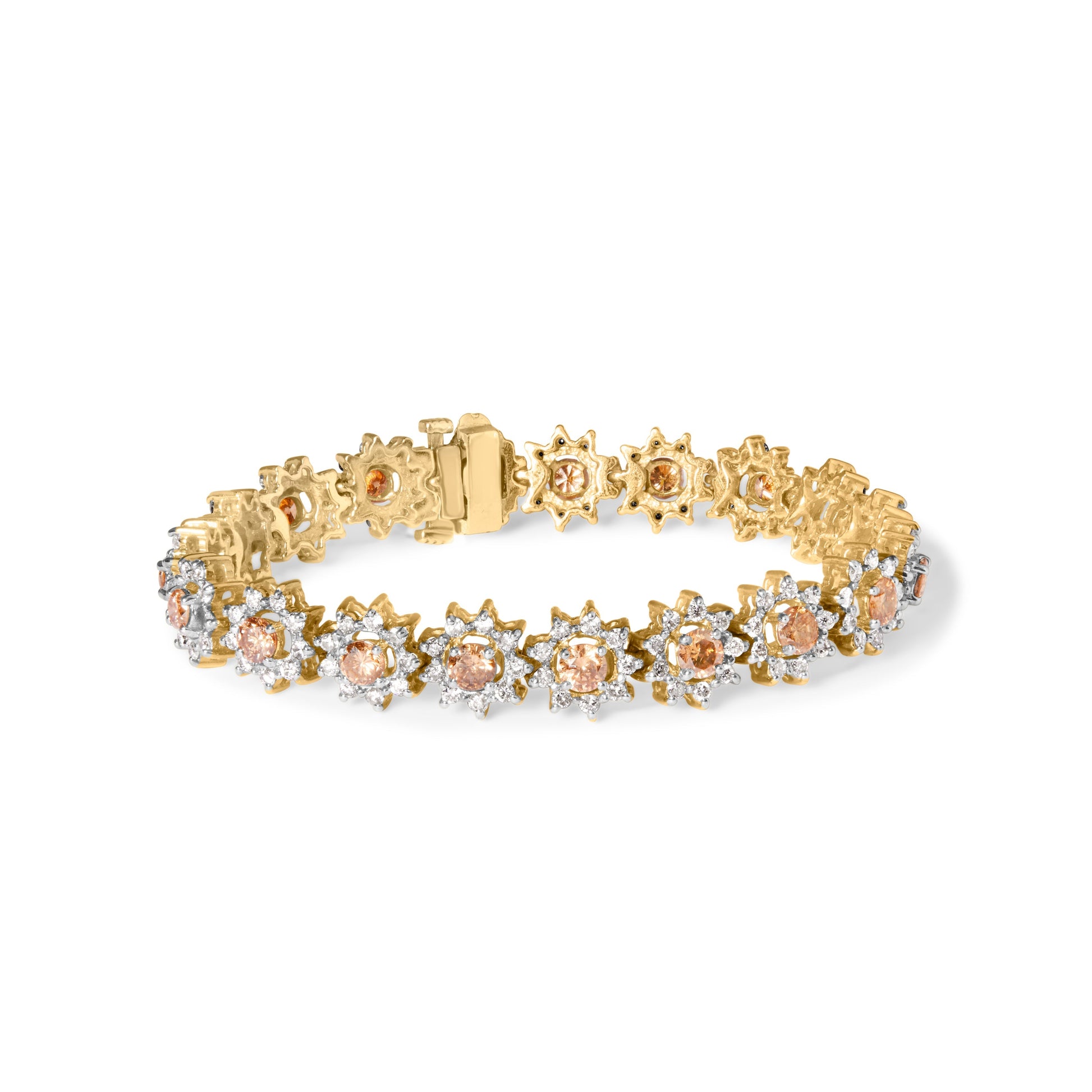 14K Yellow Gold 8.00 Cttw Champagne Diamond Floral Cluster Halo Link Bracelet (H-I Color, I1-I2 Clarity) Bids.com