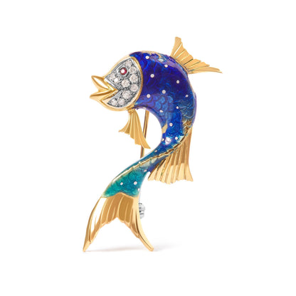 18K Yellow Gold and Blue Enamel Diamond and Pink Sapphire Fish Brooch Pin (H-I Color, VS2-SI1 Clarity) Bids.com
