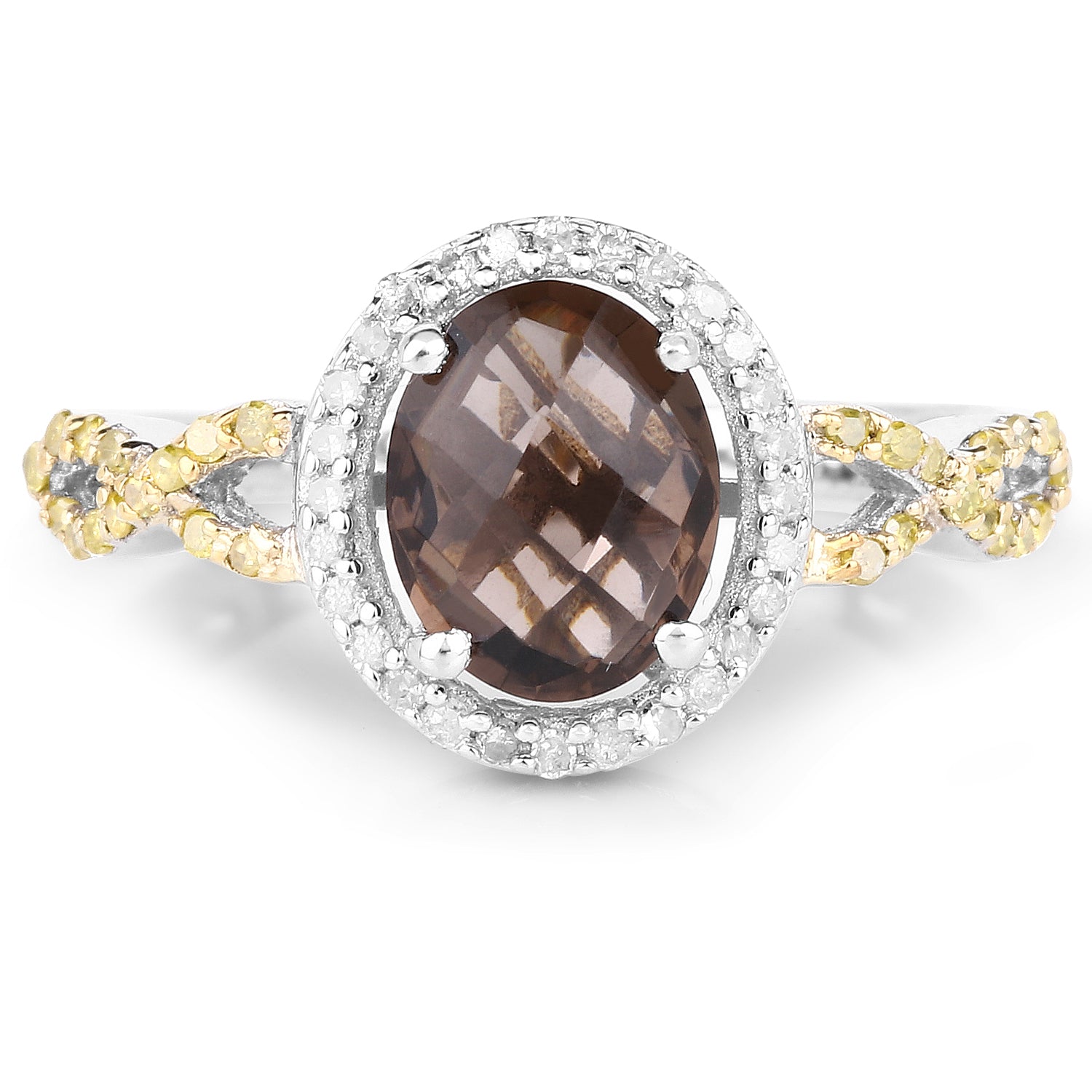 1.90 Carat Genuine Smoky Quartz, Yellow Diamond & White Diamond .925 Sterling Silver Ring Bids.com