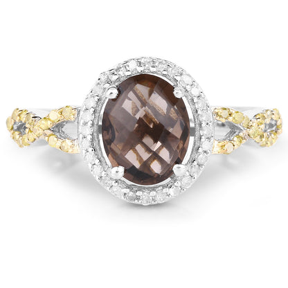 1.90 Carat Genuine Smoky Quartz, Yellow Diamond & White Diamond .925 Sterling Silver Ring Bids.com