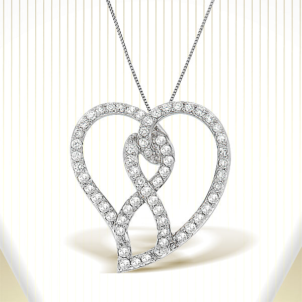 14K White Gold 1.0 Cttw White Diamond Awareness Ribbon & Open Heart 18" Pendant Necklace (H-I Color, I1-I2 Clarity) - White Diamond Ribbon Bids.com