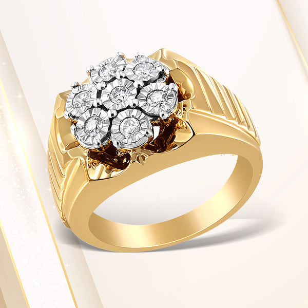 Men's 14K Yellow Gold Plated .925 Sterling Silver 1/3 Cttw Miracle-Set Floral Diamond Cluster Ring (I-J Color, I1-I2 Clarity) - Size 10 Bids.com