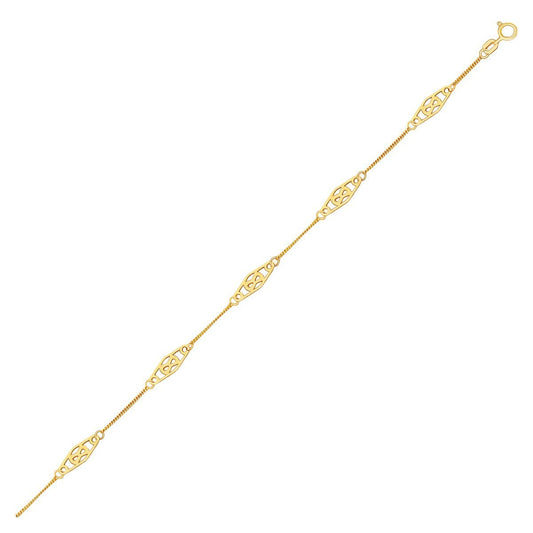 14k Yellow Gold Anklet with Fancy Diamond Shape Filigree Stations Bids.com