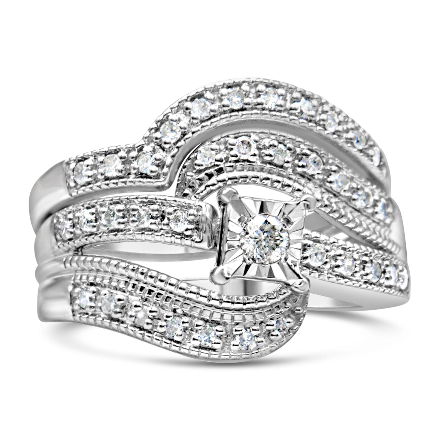 .925 Sterling Silver 1/3 Cttw Round Diamond Crisscross Engagement Ring Bridal Set (H-I Color, I1-I2 Clarity ) - Size 7 Bids.com