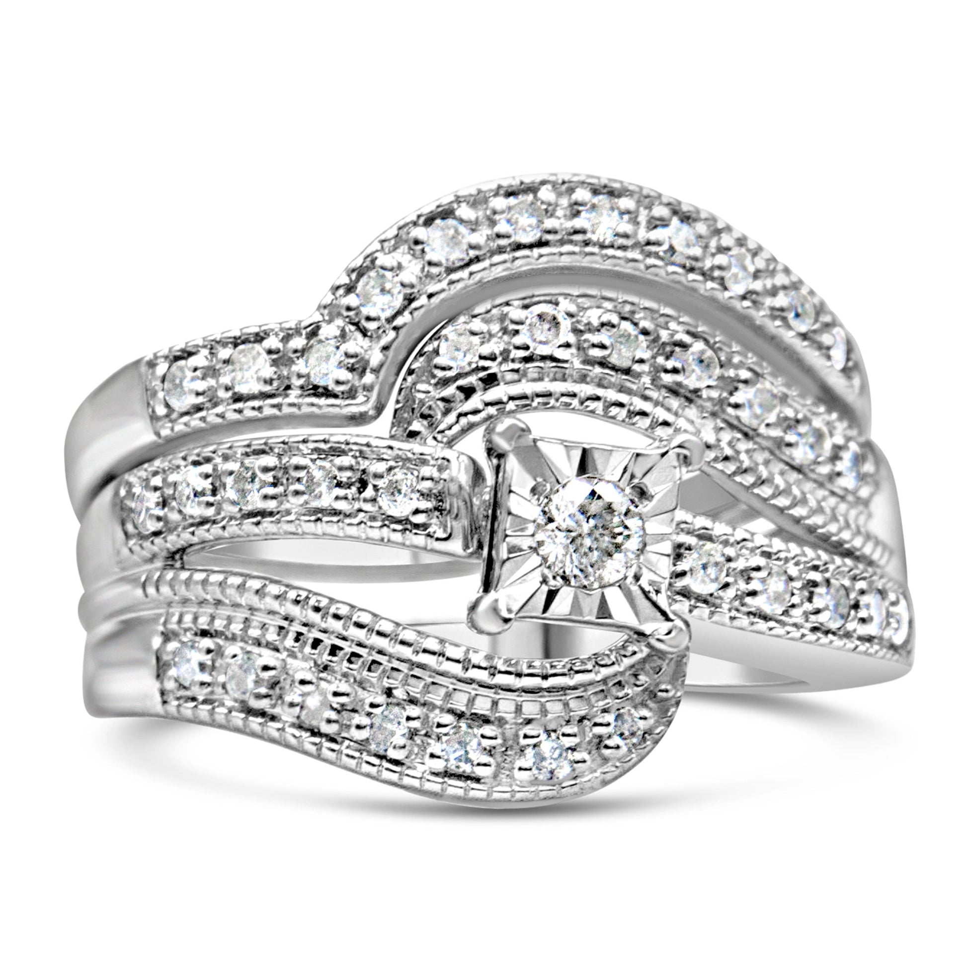 .925 Sterling Silver 1/3 Cttw Round Diamond Crisscross Engagement Ring Bridal Set (H-I Color, I1-I2 Clarity ) - Size 7 Bids.com
