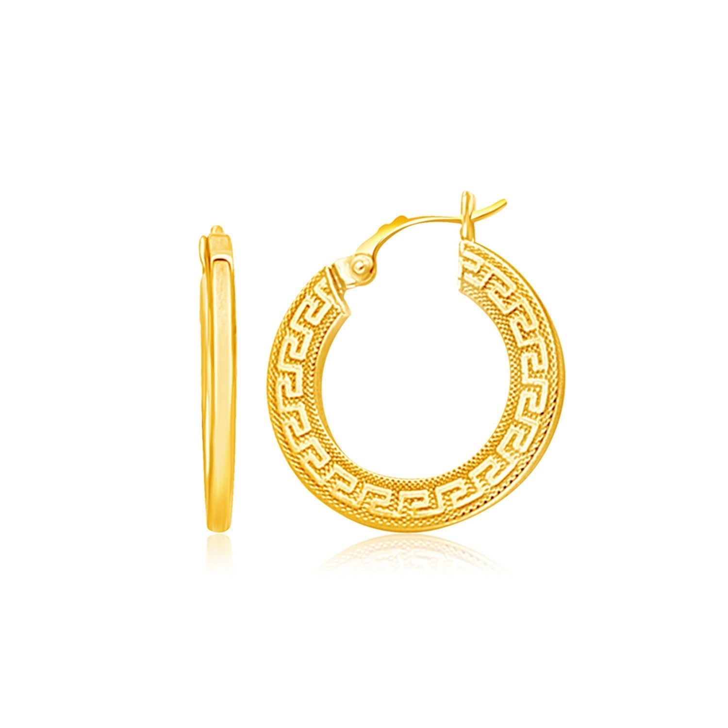 14k Yellow Gold Greek Key Medium Hoop Earrings with Flat Sides Bids.com
