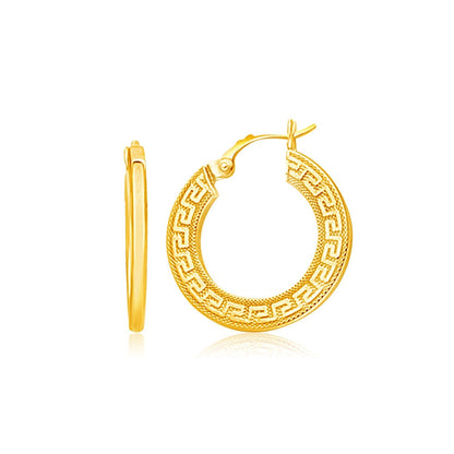 14k Yellow Gold Greek Key Medium Hoop Earrings with Flat Sides Bids.com