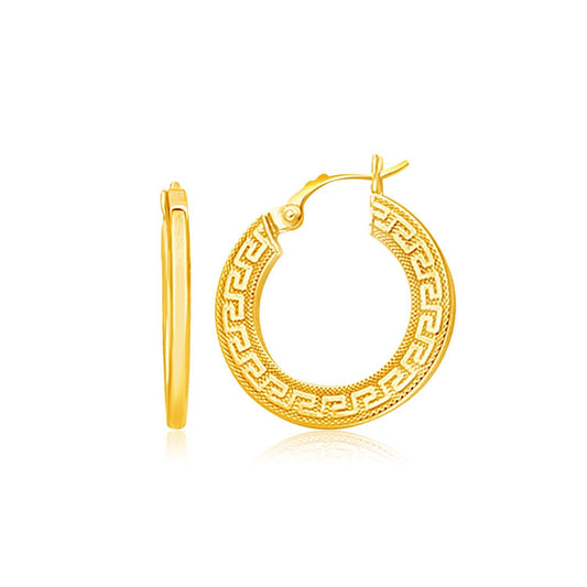 14k Yellow Gold Greek Key Medium Hoop Earrings with Flat Sides Bids.com