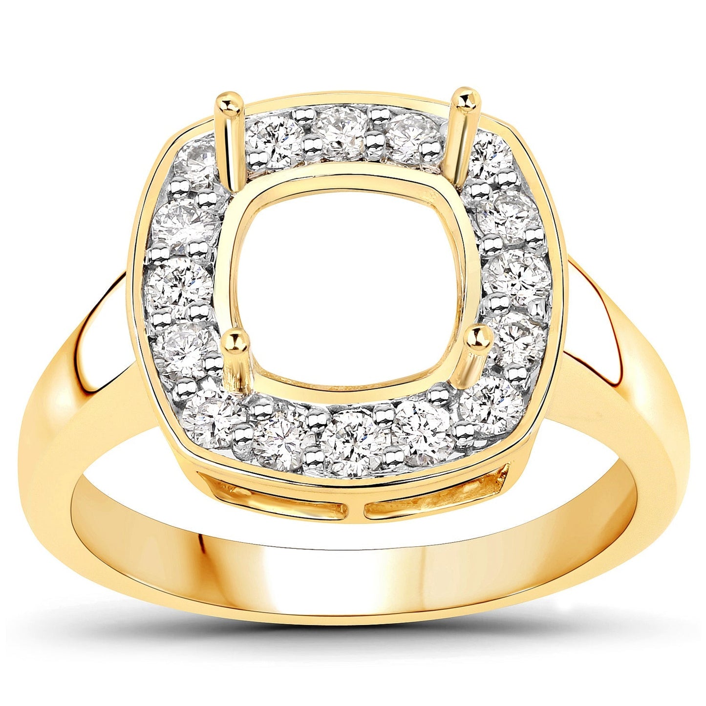 0.48 Carat Genuine White Diamond 14K Yellow Gold Semi Mount Ring - holds 8x8mm Cushion Gemstone Bids.com