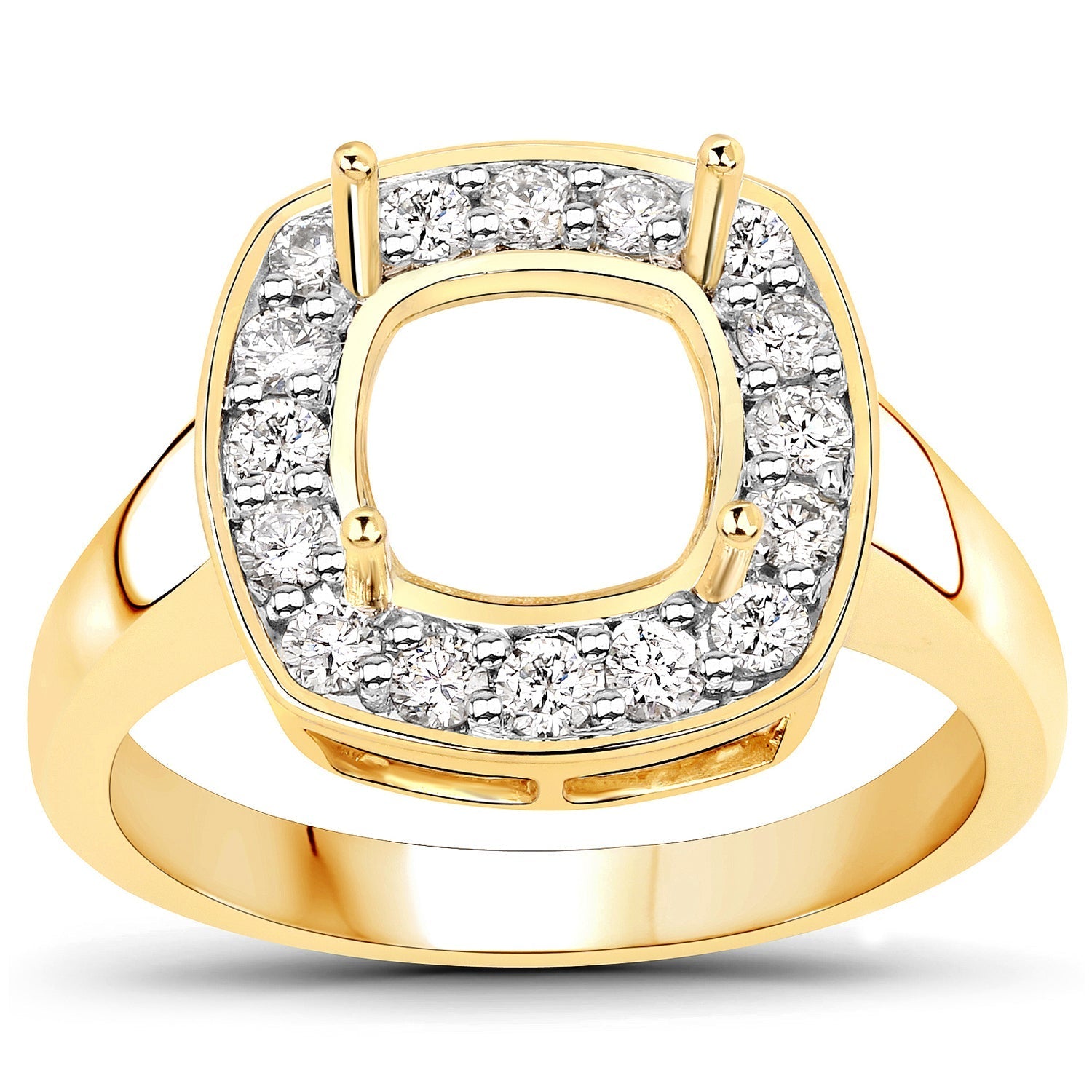 0.48 Carat Genuine White Diamond 14K Yellow Gold Semi Mount Ring - holds 8x8mm Cushion Gemstone Bids.com