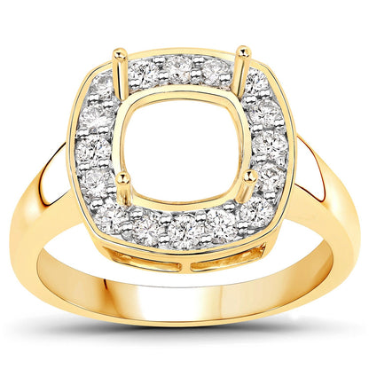 0.48 Carat Genuine White Diamond 14K Yellow Gold Semi Mount Ring - holds 8x8mm Cushion Gemstone Bids.com
