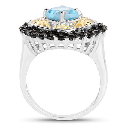 Two Tone Plated 2.85 Carat Genuine Swiss Blue Topaz and Black Spinel .925 Sterling Silver Ring Bids.com
