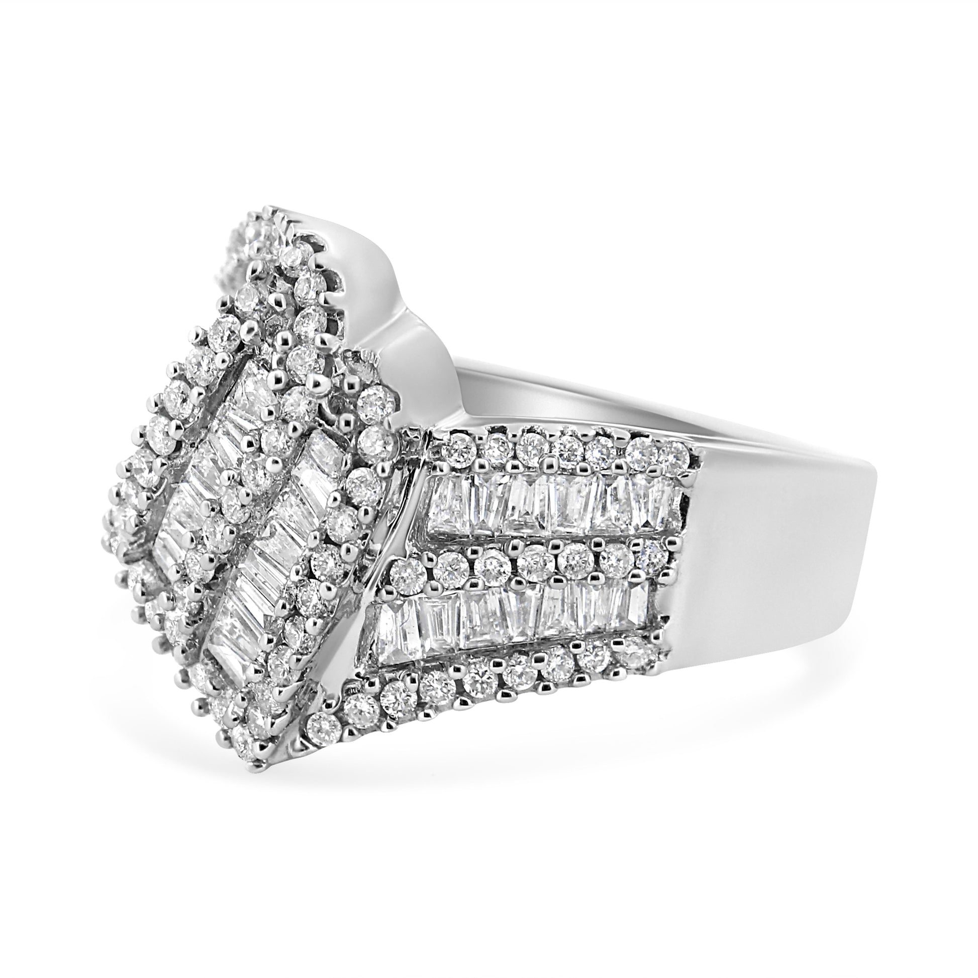 14K White Gold 1-1/2 Cttw Round and Baguette Diamond Bypass Cocktail Ring Band (H-I Color, SI1-SI2 Clarity) - Size 7 Bids.com
