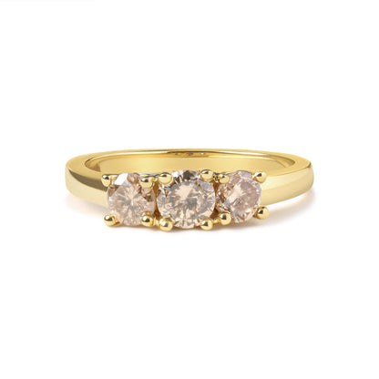 10K Yellow Gold 1.00 Cttw Champagne Diamond 3-Stone Band Ring (J-K Color, I1-I2 Clarity)  - Size 7 Bids.com