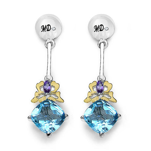 5.55 Carat Genuine Blue Topaz, Amethyst & White Diamond .925 Sterling Silver Earrings Bids.com