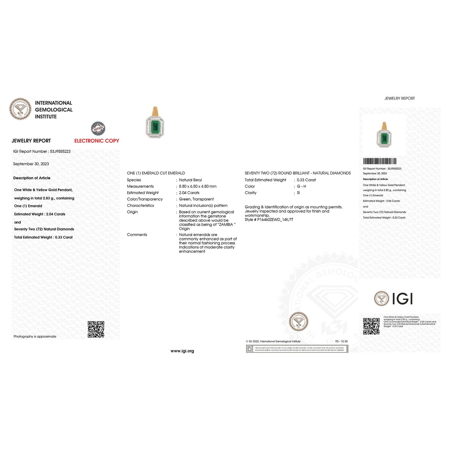 IGI Certified 2.37 Carat Genuine Zambian Emerald and White Diamond 14K Yellow & White Gold Pendant Bids.com