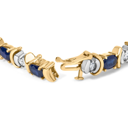 14K Yellow Gold 1.00 Cttw Alternating  Diamond and 6 1/2 Cttw Oval Blue Sapphire Link Bracelet (H-I Color, SI1-SI2 Clarity) - 7" Inches Bids.com