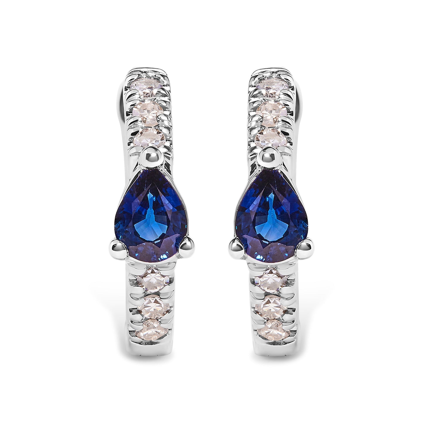 10K White Gold Pear Shaped Blue Sapphire and 1/10 Cttw Diamond Huggy Hoop Earrings (H-I Color, I1-I2 Clarity) Bids.com