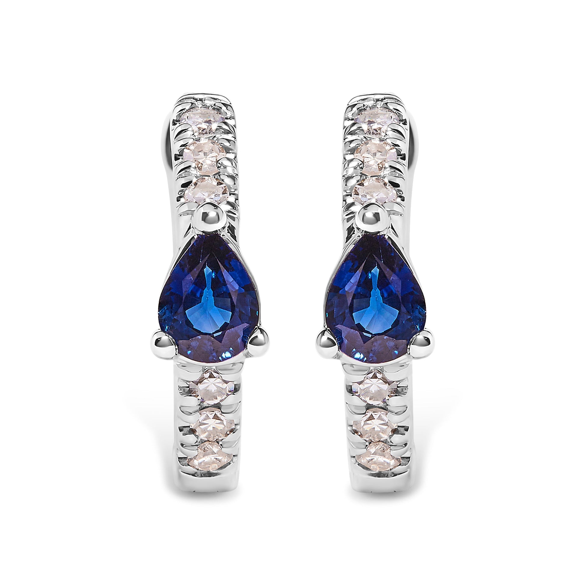 10K White Gold Pear Shaped Blue Sapphire and 1/10 Cttw Diamond Huggy Hoop Earrings (H-I Color, I1-I2 Clarity) Bids.com