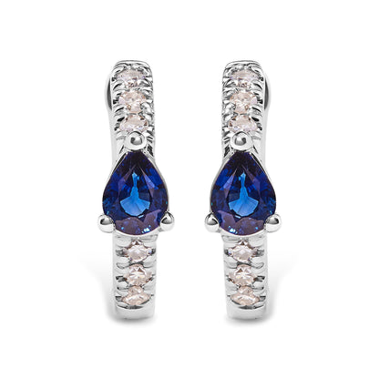 10K White Gold Pear Shaped Blue Sapphire and 1/10 Cttw Diamond Huggy Hoop Earrings (H-I Color, I1-I2 Clarity) Bids.com