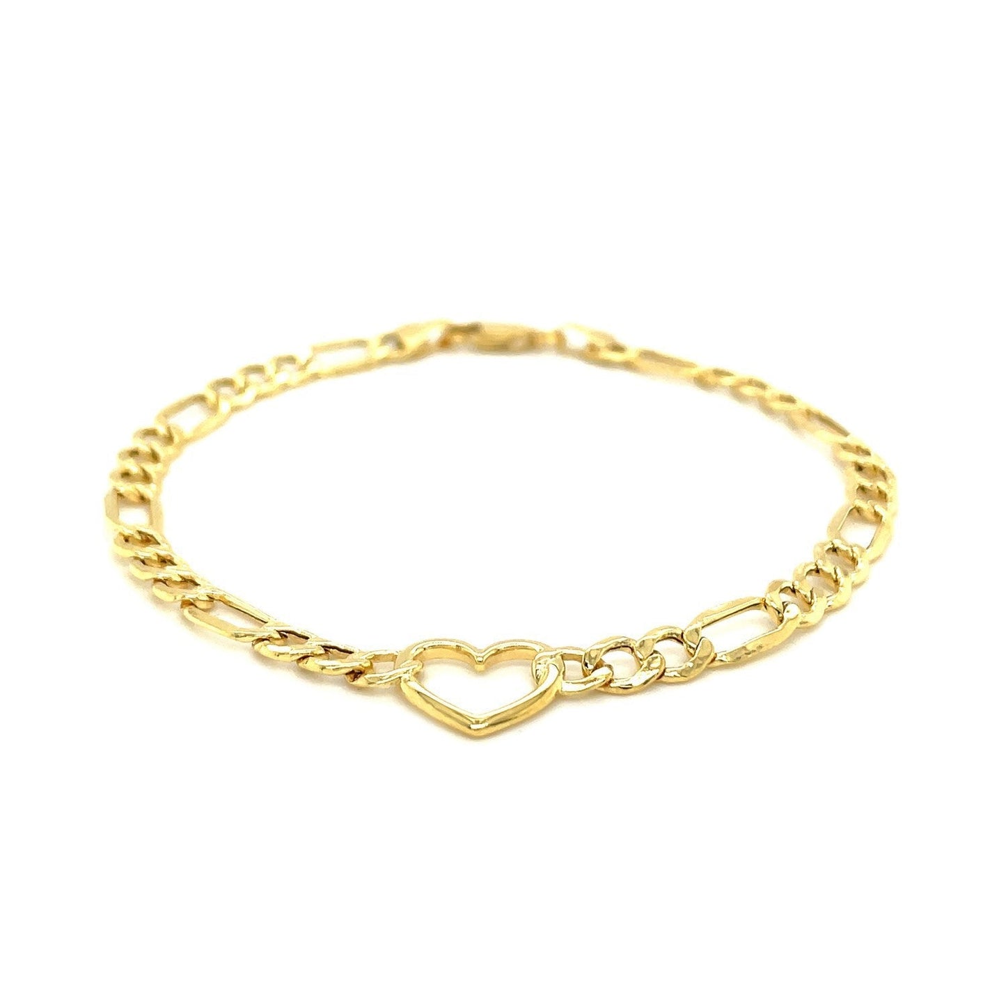 14k Yellow Gold 7 inch Figaro Chain Bracelet with Heart Bids.com
