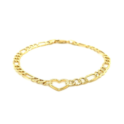 14k Yellow Gold 7 inch Figaro Chain Bracelet with Heart Bids.com