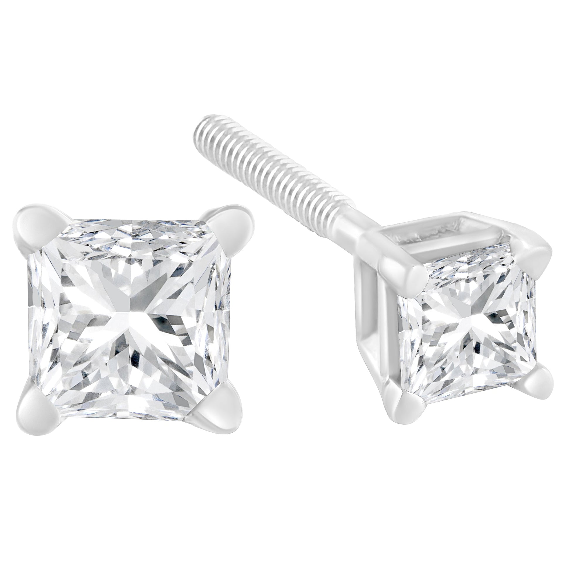 AGS Certified 18K White Gold 1.0 Cttw 4-Prong Set Princess-Cut Solitaire Diamond Screw Back Stud Earrings (E-F Color, SI2-I1 Clarity) Bids.com