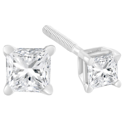 AGS Certified 18K White Gold 1.0 Cttw 4-Prong Set Princess-Cut Solitaire Diamond Screw Back Stud Earrings (E-F Color, SI2-I1 Clarity) Bids.com