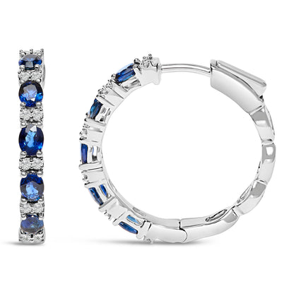 14K White Gold 4x3mm Oval Blue Sapphire and 1/4 Cttw Diamond Alternating Hoop Earring (I-J Color, SI2-I1 Clarity) Bids.com