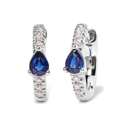 10K White Gold Pear Shaped Blue Sapphire and 1/10 Cttw Diamond Huggy Hoop Earrings (H-I Color, I1-I2 Clarity) Bids.com