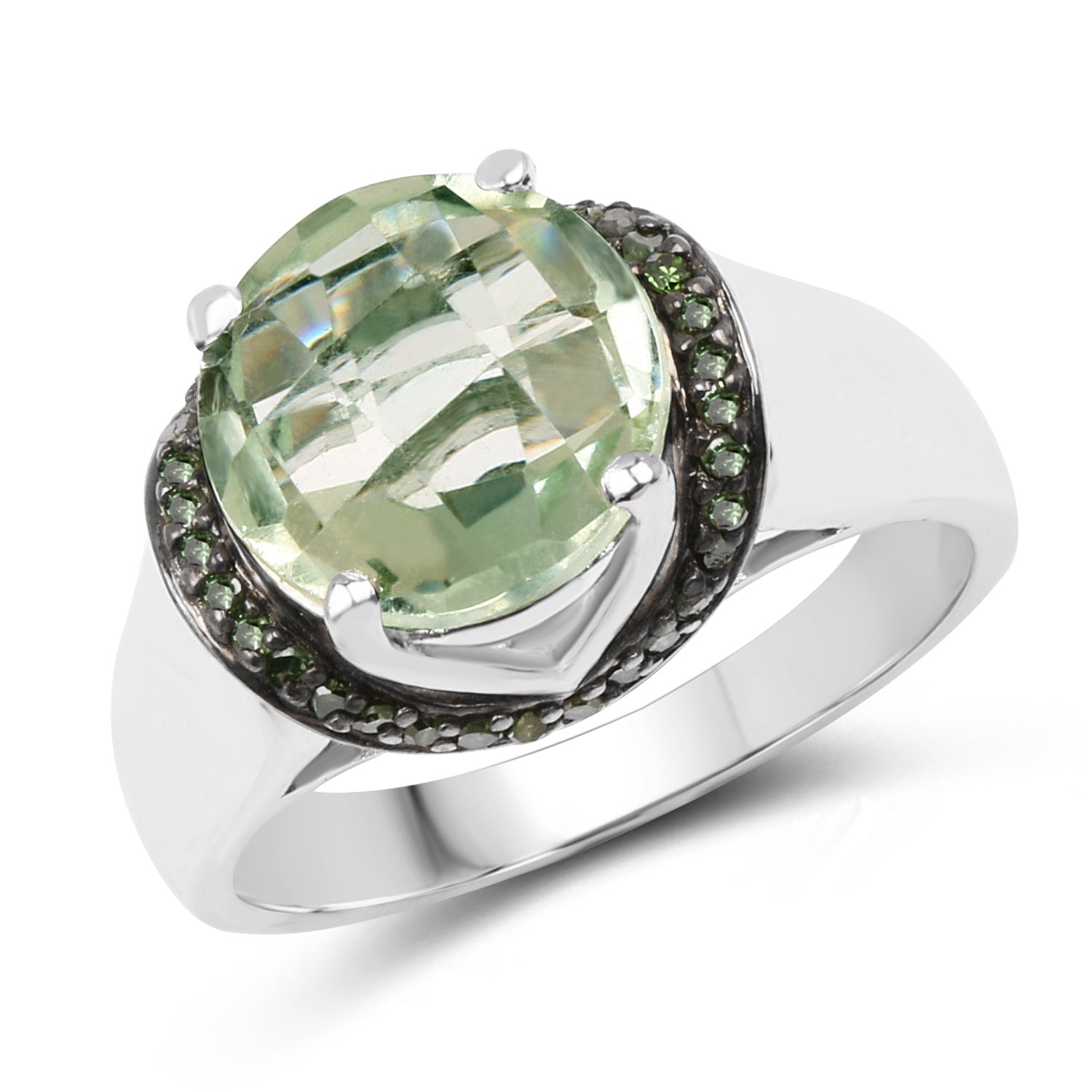 3.95 Carat Genuine Green Amethyst and Green Diamond .925 Sterling Silver Ring Bids.com
