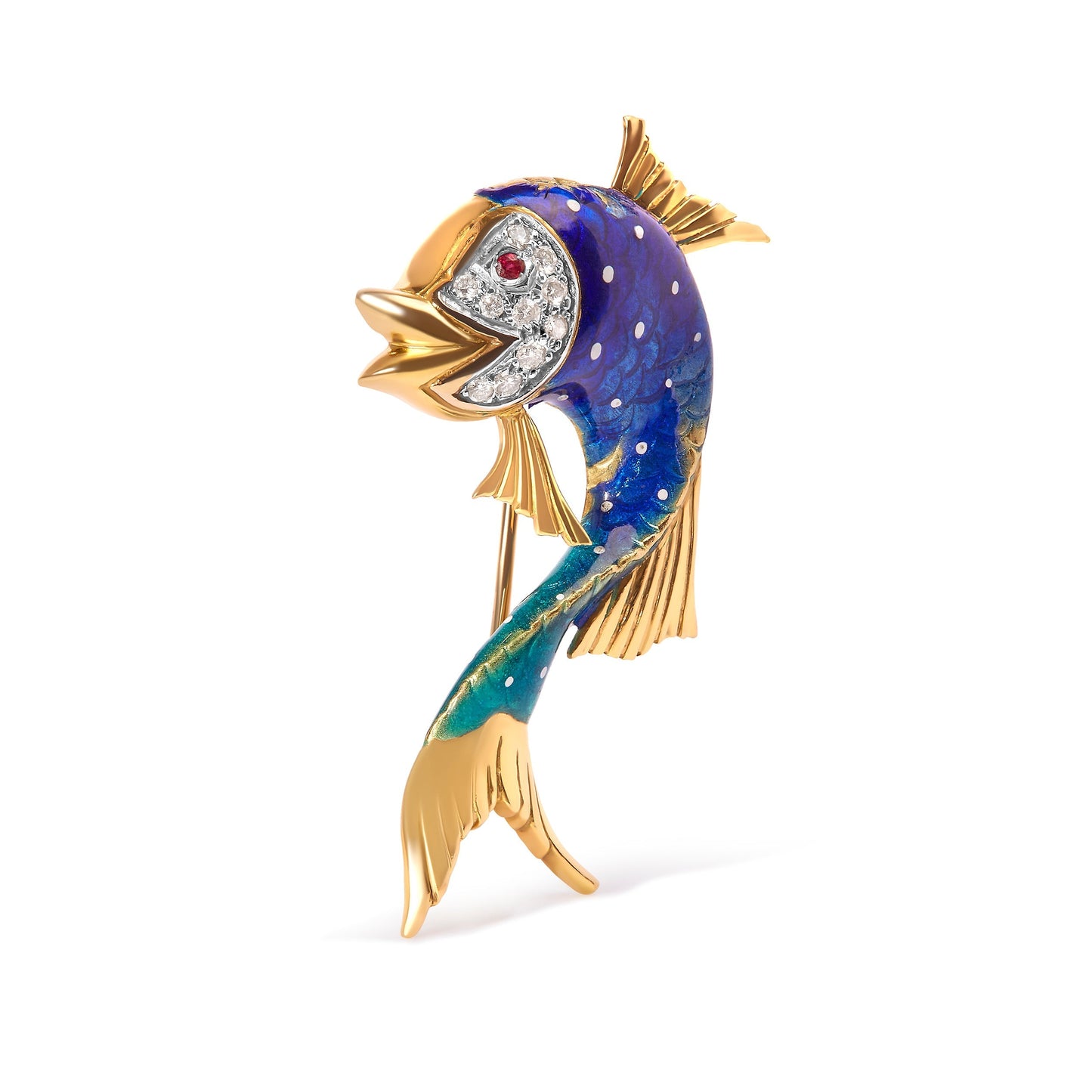 18K Yellow Gold and Blue Enamel Diamond and Pink Sapphire Fish Brooch Pin (H-I Color, VS2-SI1 Clarity) Bids.com